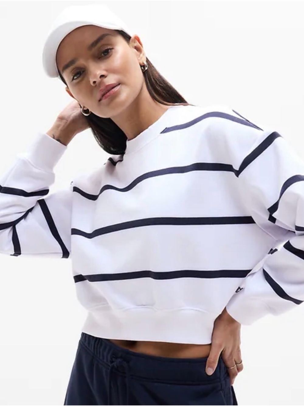 Athleta White Cropped Sweatshirt with Navy Stripes